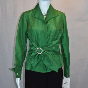 MSK S Shimmering Green Formal Blouse with Rhinestone Buttons & Buckle NWT $69.00